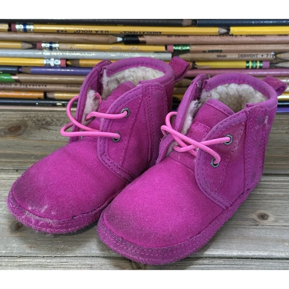 UGG Suede Pink Baby Booties Neumel Colorful Fleece Lined Easy On Off Infant Sz 5